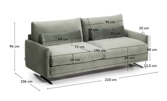 Veliro green velvet 2-seater sofa with steel legs in black finish 210cm FSC Mix Credit - sizes