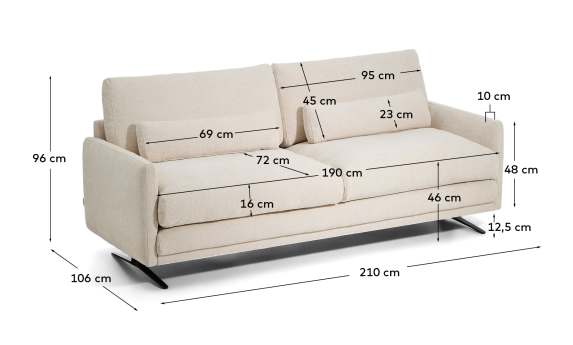 Veliro beige chenille 2-seater sofa with black steel legs 210cm FSC Mix Credit - sizes