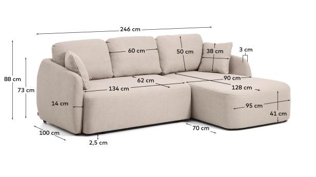 Laira 3-seater sofa bed with right chaise longue in beige chenille 246cm FSC Mix Credit - sizes