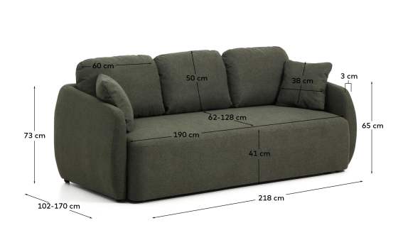 Laira 3-seater sofa bed in dark green chenille 218cm FSC Mix Credit - sizes