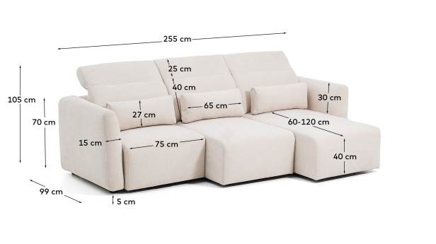 Lares 3-seater sofa with motorised sliding seats and reclining headrest in beige chenille 255cm - sizes