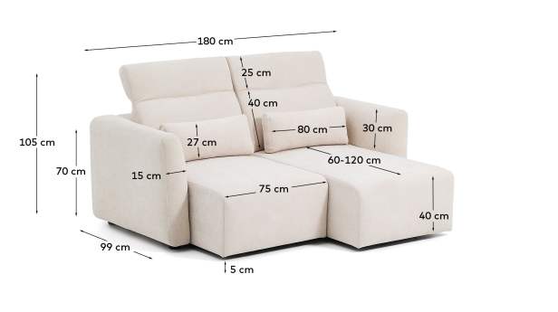 Lares 2-seater sofa with motorised sliding seats and reclining headrest in beige chenille 180cm - sizes
