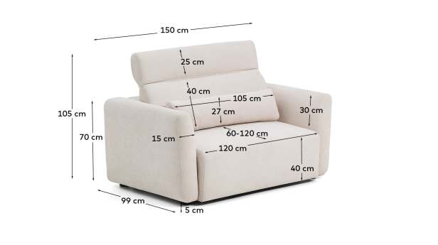Lares 2-seater sofa with motorised sliding seats and reclining headrest in beige chenille 150cm - sizes