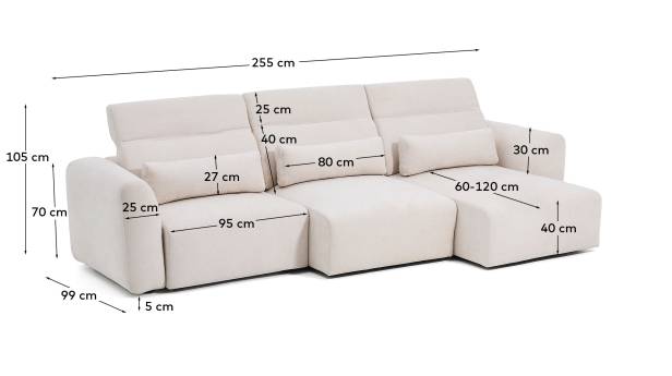 Lares 5-seater sofa with motorised sliding seats and reclining headrest in beige chenille 335cm - sizes