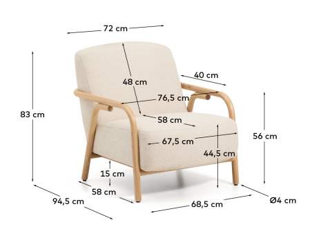 Sylo armchair in beige chenille and solid ash wood with natural-coloured finish FSC 100% - sizes