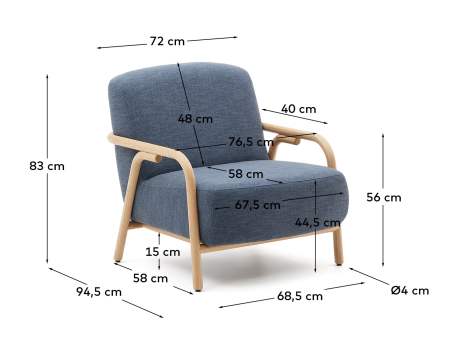 Sylo blue armchair made from solid ash wood, FSC 100% - sizes