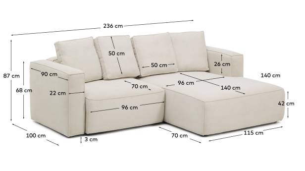 Marela beige chenille 3-seater sofa bed with right chaise longue 236cm FSC Mix Credit - sizes