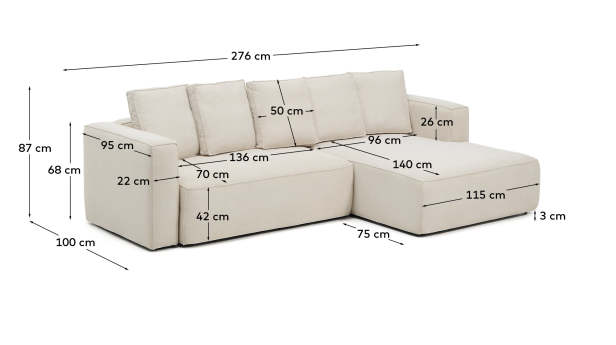 Marela beige chenille 3-seater sofa bed with right chaise longue 276cm FSC Mix Credit - sizes
