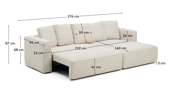 Marela beige chenille 3-seater sofa bed with right chaise longue 276cm FSC Mix Credit - sizes