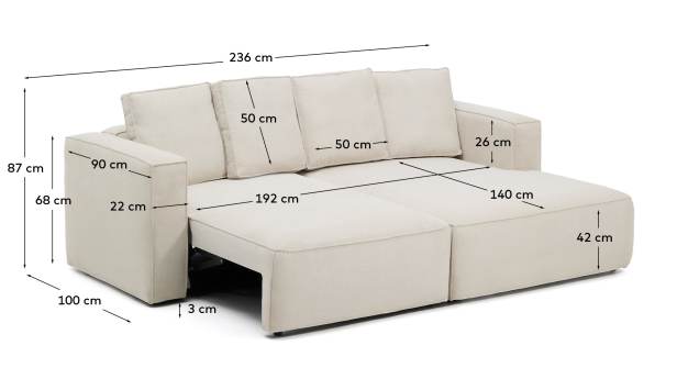Marela beige chenille 3-seater sofa bed with right chaise longue 236cm FSC Mix Credit - sizes