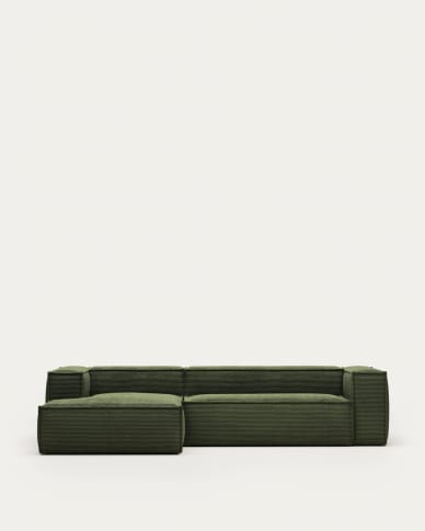 3-Sitzer-Sofa Blok mit dickem, grünem Cord und Chaiselongue links 300 cm FSC Mix Credit