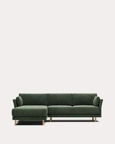 Sofá Gilma 3 lugares com chaise longue direita/esquerda retardante de fogo chenille verde e pés acabamento natural 260 cm