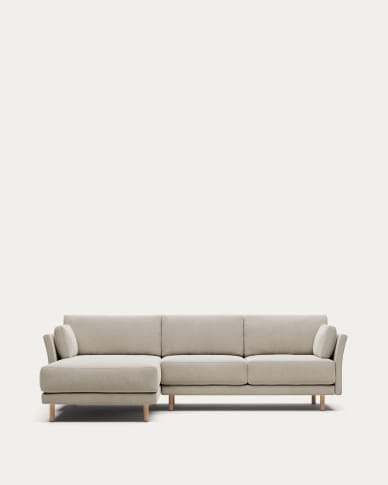 Sofá Gilma 3 lugares com chaise longue direita/esquerda retardante de fogo chenille branco e pés acabamento natural 260 cm
