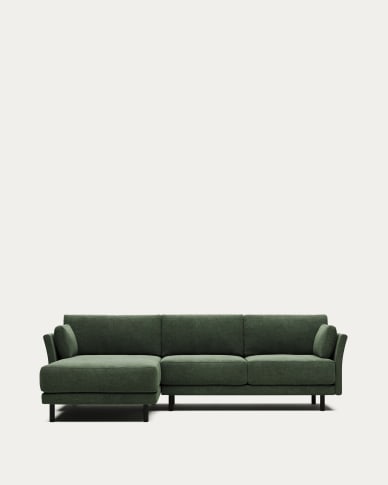 Sofá Gilma 3 lugares com chaise longue direita/esquerda retardante de fogo chenille verde e pés preto 260 cm