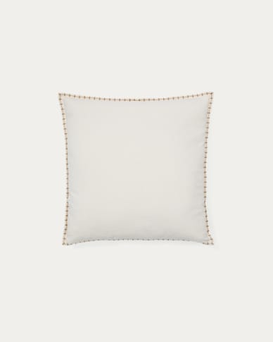 Rakira beige cotton cushion cover with mustard-coloured embroidery feature, 45 x 45 cm