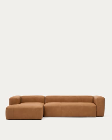 Blok brown leather 4-seater sofa, left chaise longue 330 cm