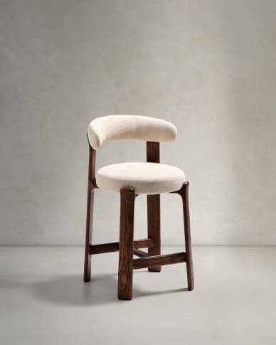Granite stool in beige chenille and solid ash wood with walnut-coloured finish FSC 100% 65cm