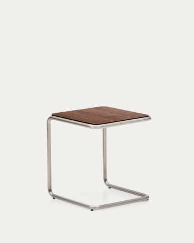 Tarsel side table in FSC 100% walnut veneer with brushed stainless steel structure 42 x 47cm