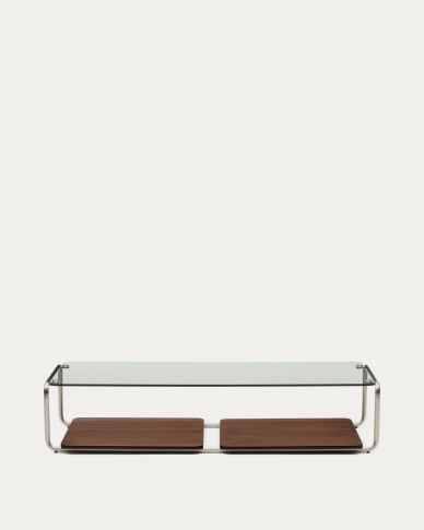 Tarsel coffee table in tempered glass with FSC 100% walnut veneer tray with brushed stainless steel structure 140 x 60cm