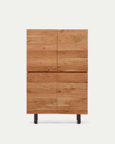 Uxue 4-door tall sideboard in solid acacia wood with bleached finish and black steel 100 x 155cm