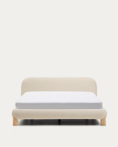 Odina ecru bouclé bed with removable cover and solid ash wood legs with natural finish for 160 x 200cm mattress