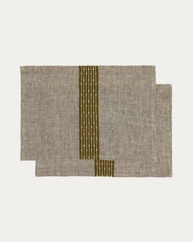 Conjunto Calena de 2 individuais em jacquard de linho 100% com risca central verde 35 x 50 cm