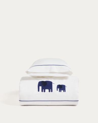 Tandari duvet cover and pillowcase set in beige cotton percale with embroidered elephant for convertible cot