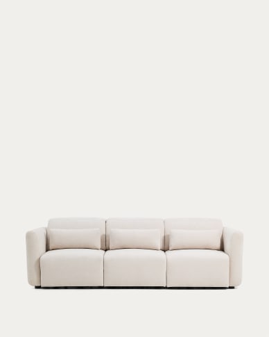 Lares 3-seater sofa with motorised sliding seats and reclining headrest in beige chenille 255cm