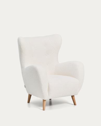 Ecru bouclé fire-retardant patio armchair with solid beech wood legs FSC Mix Credit