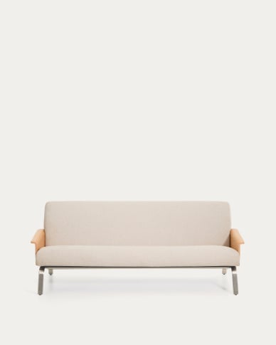 Amsen beige chenille 3-seater sofa in oak plywood with brushed stainless steel legs 190cm