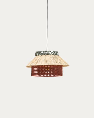 Pulmi raffia ceiling lamp in natural, terracotta, and blue, Ø 40 cm