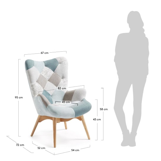 Kody armchair in blue patchwork upholstery, with solid beech wood legs - sizes
