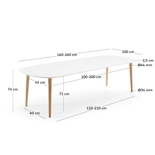 Oqui extendable oval table with an oak veneer and solid wood legs, Ø 160 (260) x 100 cm - sizes