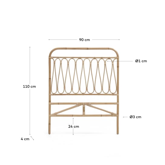 Caterina headboard made from rattan with a natural finish, for 90 cm beds - sizes