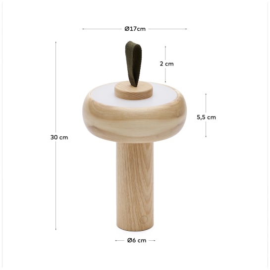 Lampe de table portable Luba en bois de frêne et poignée en coton vert - dimensions