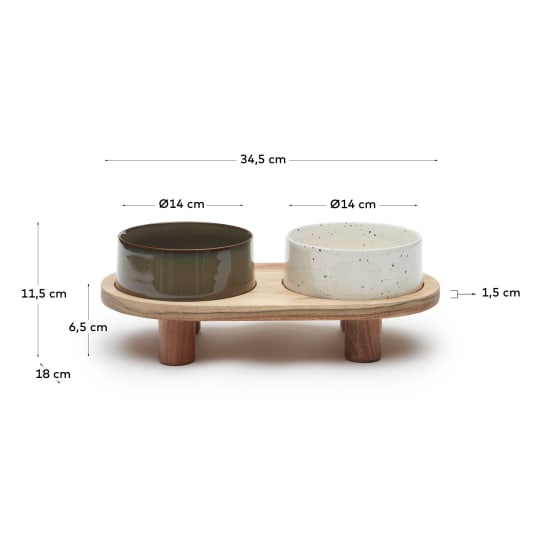 Dumbi set of 2 pet food and water bowls with support in white and brown Ø 14 cm FSC 100% - sizes
