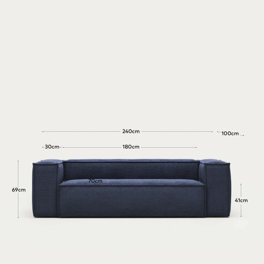 Blok fire-retardant 3-seater sofa in thick blue corduroy 240cm FSC Mix Credit - sizes