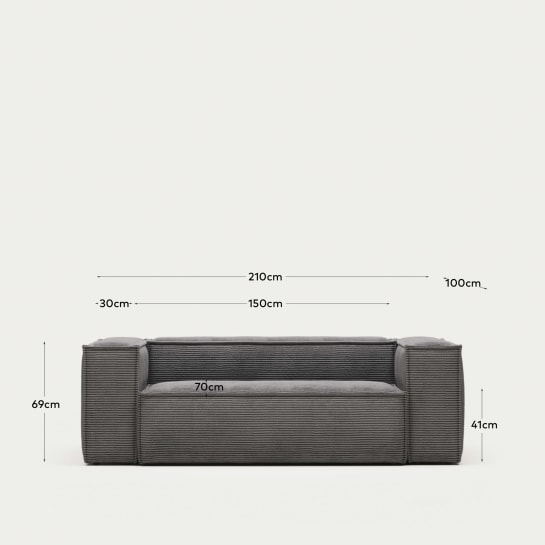 Blok 2 seater sofa in grey corduroy, 210 cm FR - sizes