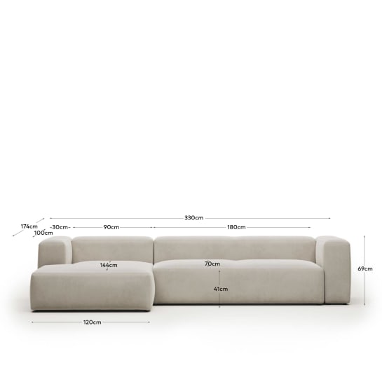 Blok fire-retardant 4-seater sofa with left chaise longue in white chenille 330cm - sizes