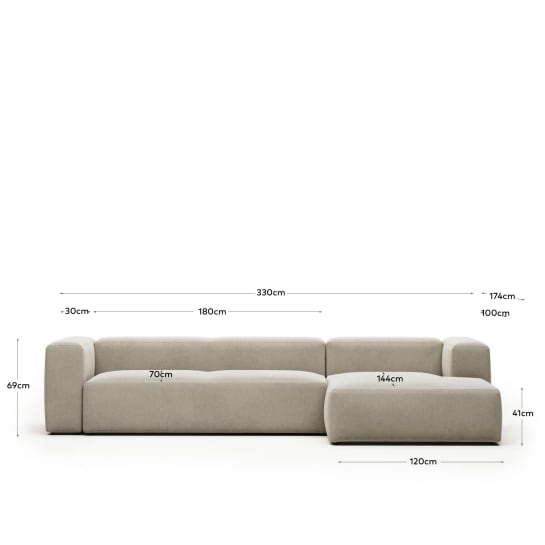 Blok fire-retardant 4-seater sofa with right chaise longue in beige chenille 330cm - sizes
