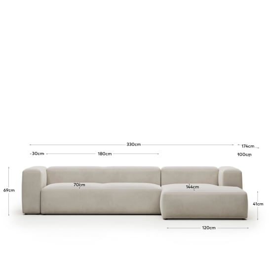 Blok fire-retardant 4-seater sofa with right chaise longue in white chenille 330cm - sizes