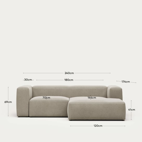 Καναπές Blok 2 θέσεων με δεξί ανάκλινδρο, βραδύκαυστο, μπεζ chenilla 240 εκ - μεγέθη