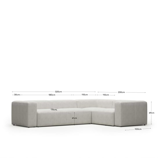 Blok 4 seater corner sofa in white fleece, 320 x 230 cm / 230 x 320 cm FR - sizes