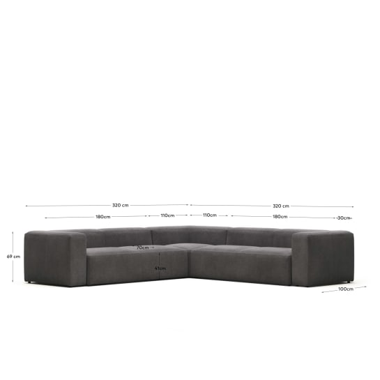 Blok 6 seater corner sofa in grey, 320 x 320 cm FR - sizes