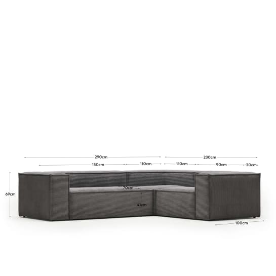 Blok fire-retardant 3-seater corner sofa in thick grey corduroy 290 x 230cm/230 x 290cm FSC Mix Credit - sizes