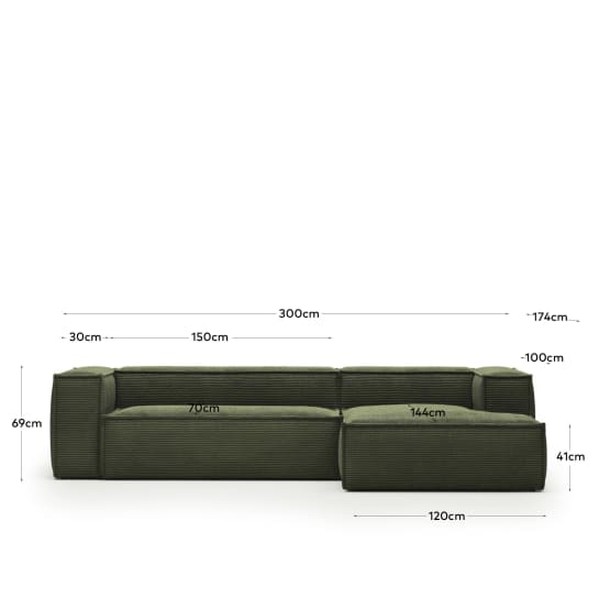 Blok fire-retardant 3-seater sofa with right chaise longue in thick green corduroy 300cm - sizes