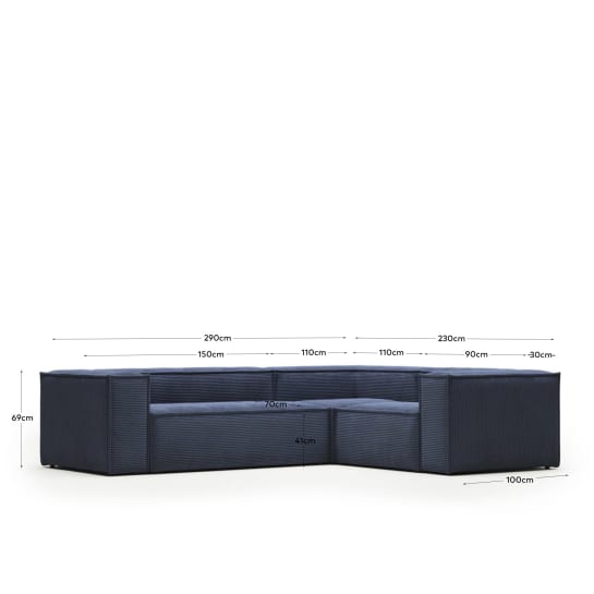 Blok 3 seater corner sofa in blue wide seam corduroy, 90 x 230 cm / 230 cm x 290 cm FSC Mix Credit FR - sizes