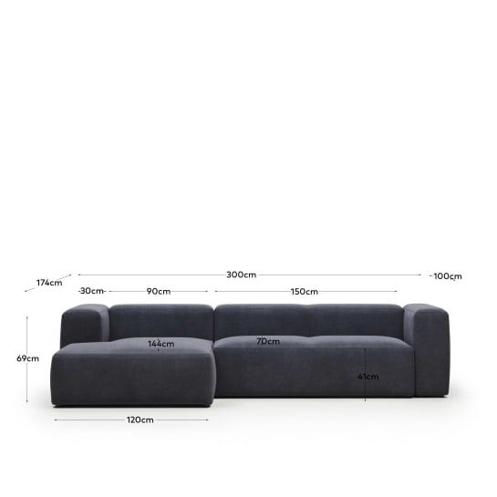 Blok 3 seater sofa with left side chaise longue in blue, 300 cm FSC Mix Credit FR - sizes