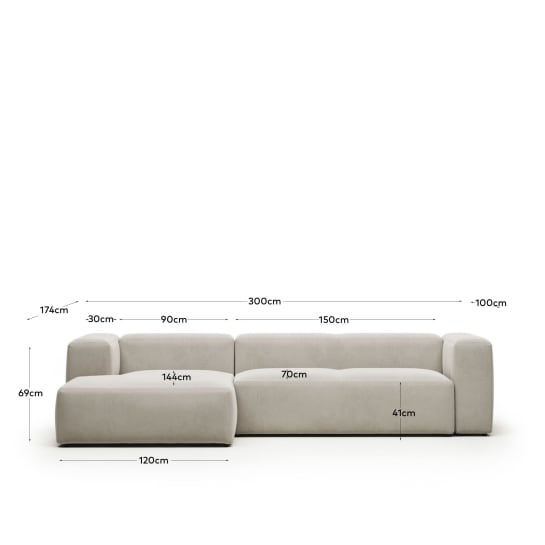 Blok fire-retardant 3-seater sofa with left chaise longue in white chenille 300cm - sizes