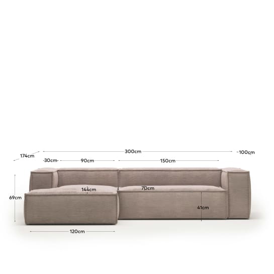 Blok fire-retardant 3-seater sofa with left chaise longue in thick pink corduroy 300cm - sizes